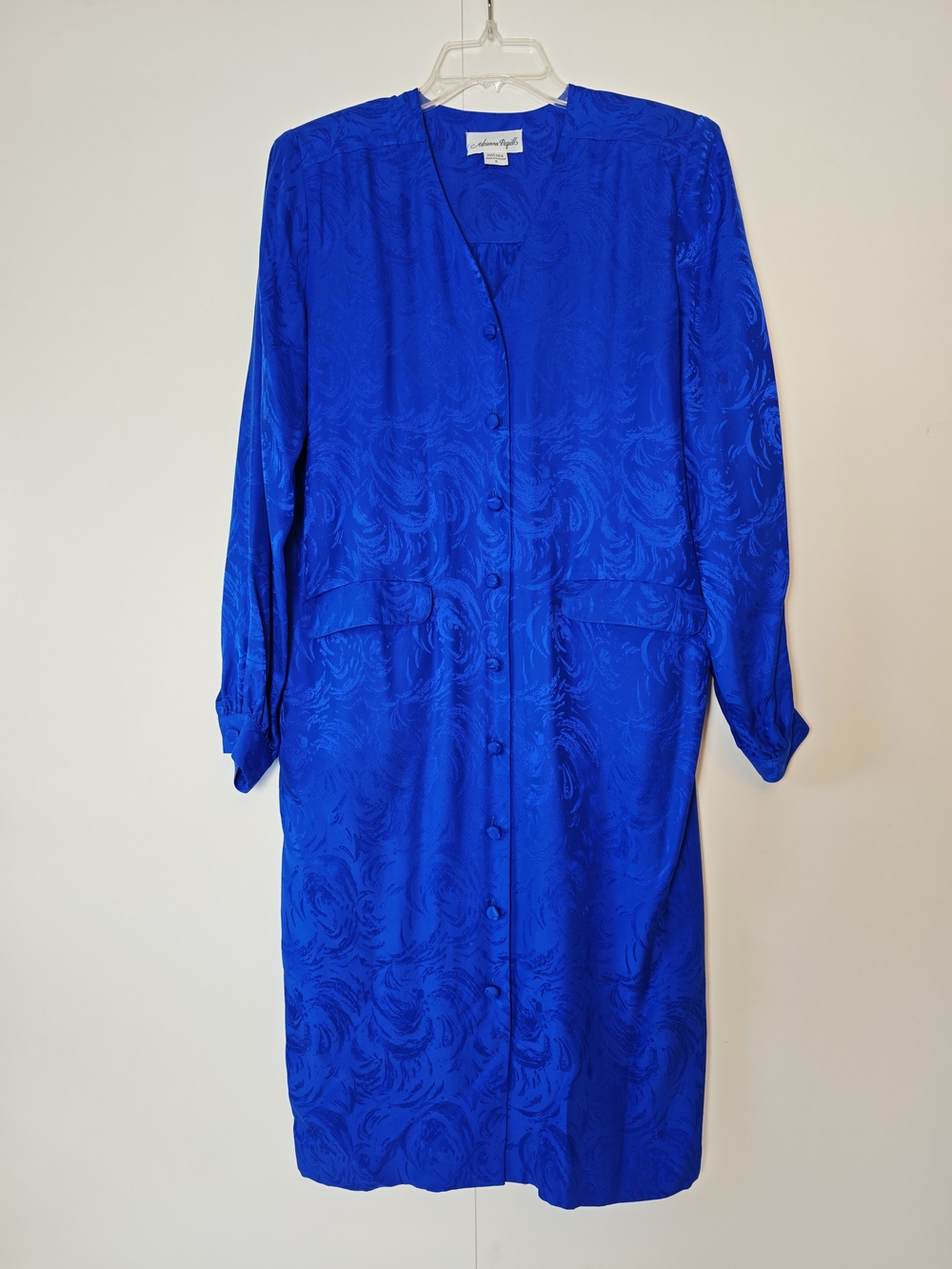 Vintage 80s Silk Adrianna Papell Dress Womens 6 Cobalt Blue Jacquard Button Up